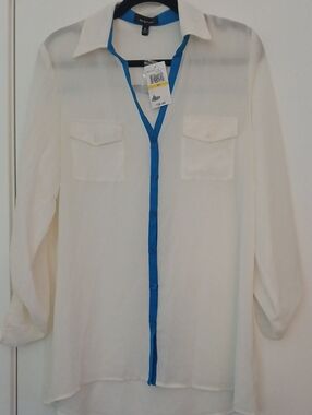 Spense White Sheer Button-Up Blouse with Blue Trim